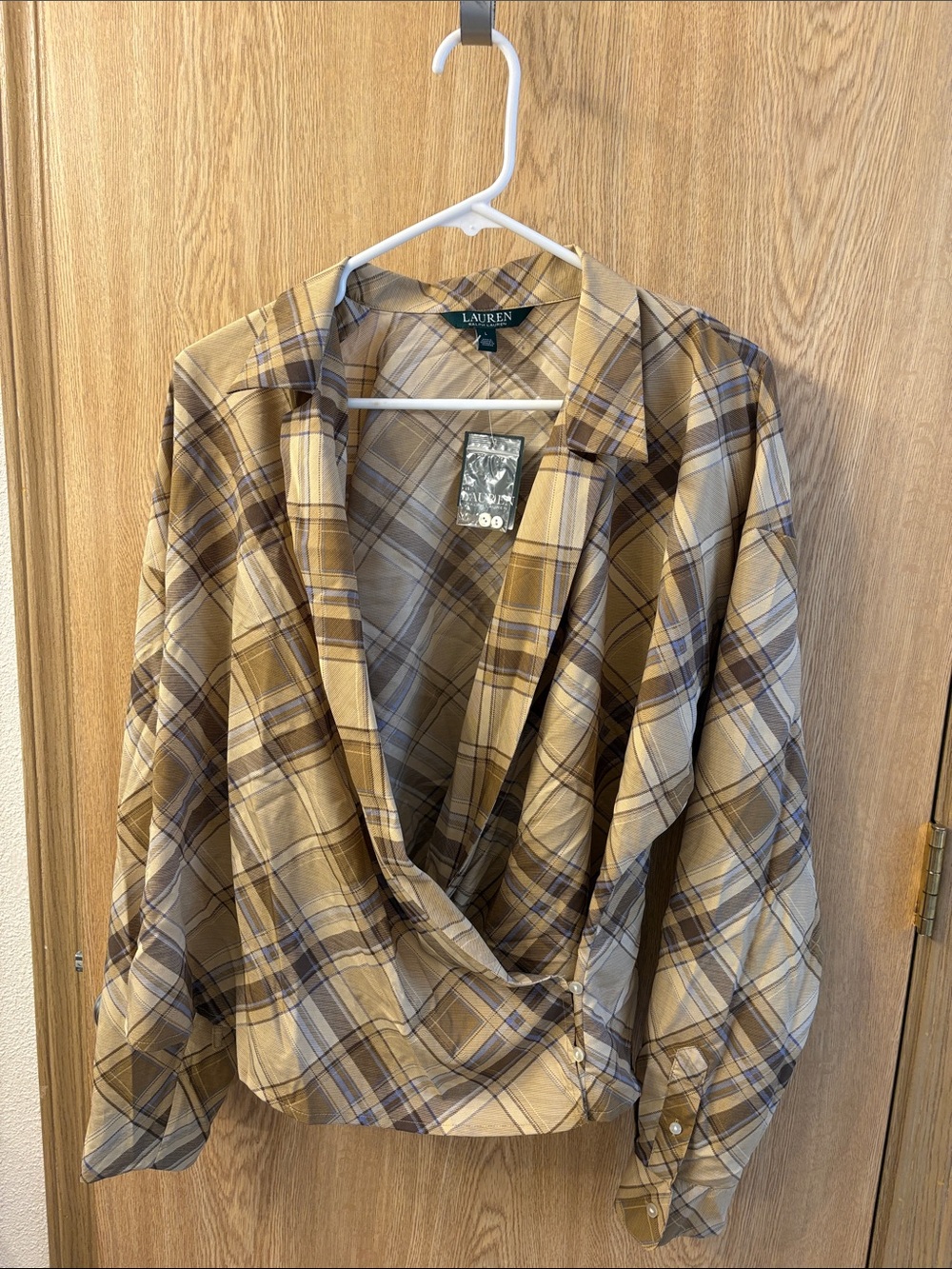 Ralph Lauren Plaid Wrap Blouse in Beige and Brown